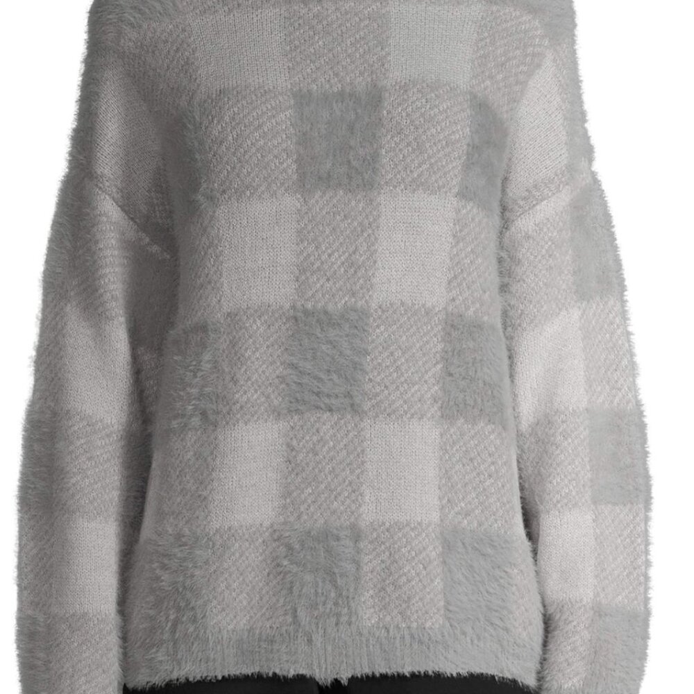 time and tru womens eyelash plaid print fuzzy plush sherpa loose fit crew sweate